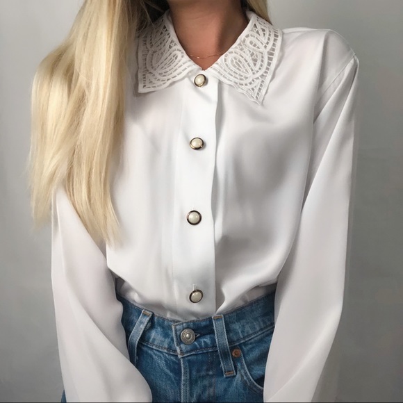 Vintage Tops - Vintage Lace Collar Button Down Blouse